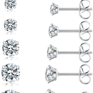 6 Pairs Stud Earrings Set, Hypoallergenic Cubic Zirconia 316L Earrings Stainless Steel CZ Earrings 3-8mm (Steel color)