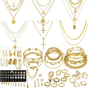 73 Pcs Gold Jewelry Set with 6Pcs Layered Necklace, 11 Pcs anklet and 7Pcs Earring Ear Cuff,12Hoop Earrings ,15pcs Rings,21pcs stud earrings Jewerly set for Women Pack for Friendship Party Gift