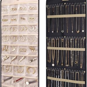 BAGSMART Hanging Jewelry Organizer Storage Roll with Hanger Metal Hooks Double-Sided Jewelry Holder for Earrings, Necklaces, Rings on Closet, Wall, Door, 1 piece, Large, Black