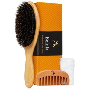 Belula 100% Boar Bristle Hair Brush Set (Medium). Soft Natural Bristles for Thin and Fine Hair. Restore Shine And Texture. Wooden Comb, Travel Bag and Spa Headband Included!