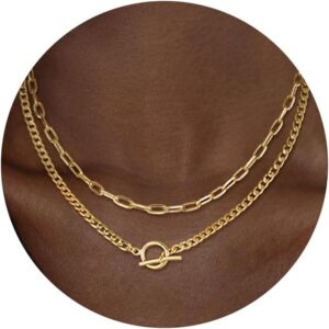 CHESKY Gold Layered Necklaces for Women, 14K Dainty Gold Chain Necklace Women Trendy Cuban Link Paperclip Chain Toggle Clasp Necklace Fashion Chunky Jewelry for Women