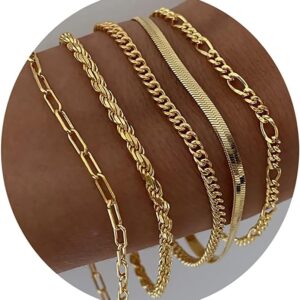 DEARMAY Gold Bracelets for Women, 14K Real Gold Jewelry Sets for Women Cute Tennis Beaded Bracelets for Women Cuban Link Paperclip Chain Dainty Bracelet Pack Gifts for Women