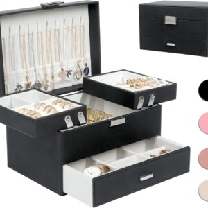 Dajasan Jewelry Boxes for Women Girls, Jewelry Organizer Box, 3 Layers Jewelry Storage Organizer for Earring, Ring, Necklace, Bracelets (Black)