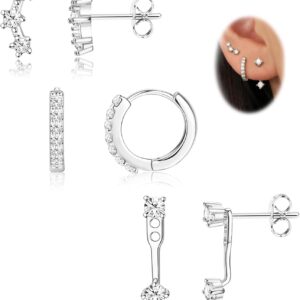 FIASASO 3 Pairs 925 Sterling Silver Hypoallergenic Earrings Set for Multiple Piercing Dainty 14K Gold Plated Stud Huggie Small Hoop Earrings for Women Trendy Cute Earring Stacks for Sensitive Ears