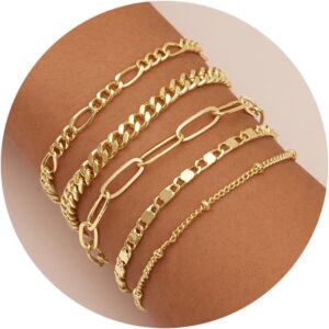 Gold Bracelets Set for Women 14K Real Gold Plated Dainty Gold Link Chain Bracelets for Women Trendy Gold Stackable Cuff Bracelets for Jewelry Gifts Women Adjustable 7″+2″