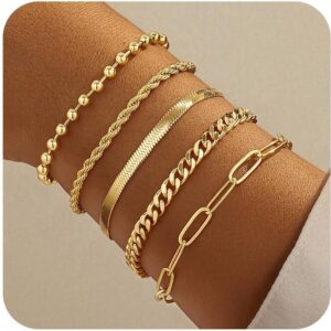 Gold Bracelets for Women,Dainty Bracelets Set for Women Trendy, Gold Bracelets Stack With Beaded, Cuban, Paperclip, Heart, Snake, Rope, Pearl, Cross, Hand Chain, Silver Jewelry Gifts for Women Christmas