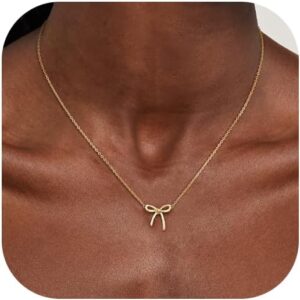 Gold Necklace for Women – Bow Necklace 14K Dainty Gold Necklace Cute Small Tiny Bow Pendant Choker Chain Necklace Trendy Necklaces for Women Gold Jewelry Gift