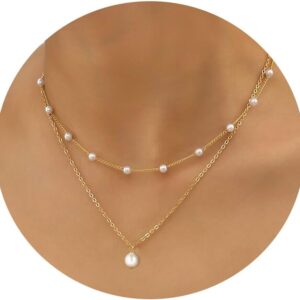 Gold Pearl Necklace for Women, 14K Gold Plated Layered Pearl Necklaces for Women Trendy Simple Herringbone Chain Pearl Necklace for Women Gold Jewelry Gifts