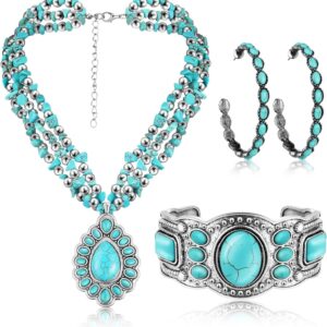 Inbagi 3 Pcs Western Jewelry for Women Bohemian Set, Boho Pendant Long Choker, Faux Leather Layered Bracelet, Dangle Earrings