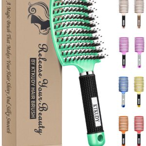 KTKUDY Detangling Brush Boar Bristles Hair Brush Make Hair Shiny & Healthier Curved and Vented Detangler Brush for Women Men Kids Wet & Dry Hair (Light green)