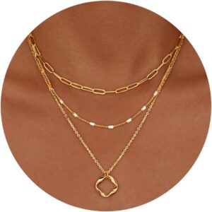 Layered Gold Necklaces for Women,Stackable Dainty 14K Gold Silver Plated Trendy Circle Paperclip Chain Pendant Choker Necklace,Simple Gold Diamond Cross Bow Jewelry Set Gifts for Women