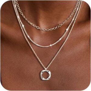 Layered Silver Necklaces for Women, Sterling Silver Stackable Stack Choker Necklaces for Women Trendy Layering Circle Pendant Chain Necklace Set Jewelry for Women