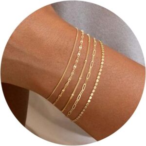 MBW Gold Bracelets for Women Trendy, Dainty 14K Gold Plated Bracelet Stack Beaded Chain Bracelet Set Thin Small Cute Paperclip Bracelets Fashion Waterproof Jewelry Gift Gold Accessories for Women