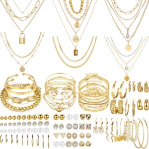 NEWITIN 69 Pieces Gold Jewelry Set for Women Fashion Costume Jewelry Gold Plated Necklace Bracelet Gold Earrings Set for Women