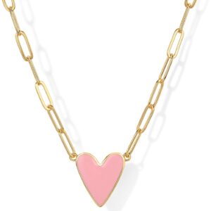 PAVOI 14K Gold Plated Heart Enamel Pendant Necklace for Women | Love Paperclip Chain Necklaces | Blue Pink Purple White Enamel Heart Pendants