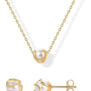 PAVOI 14K Gold Plated Round Shell Pearl Jewelry Set for Women – Gold Pearl Necklace and Earring Set with Pendant Necklace and Caged Stud Earrings Pack