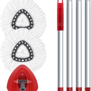 Spin Mop Head, Base, Handle Replacement for O-ceda EasyWring,2 Microfiber Mop Refills, 30-58″ Mop Handle and 1 Triangle Mop Base Set Combo Compatible with O-Cedar (White,1 Tank System)