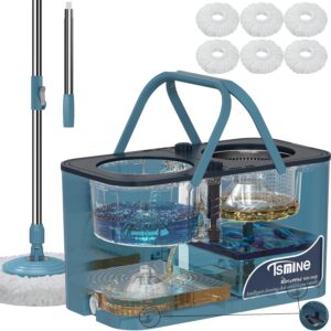 Spin Mop and Bucket,Mop Bucket with Separates Dirty and Clean Water,4-Chamber Mop and Bucket with Wringer Set for Home, Best Household Cleaning Tools with 6 Replacement Mop Heads,4X Wheel