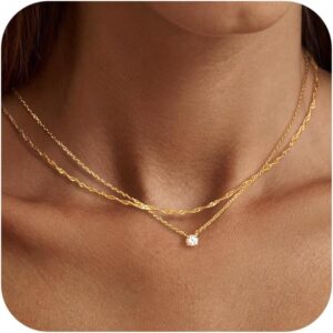 Tewiky Diamond Necklaces for Women, Dainty 14k Gold/Sterling Silver Choker Necklace Simple Gold Plated CZ Jewelry Necklaces for Women Trendy Gifts