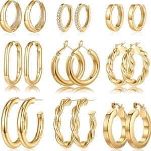 Yesteel 9 Pairs Gold Hoop Earrings for Women, 14K Real Gold Plated Chunky Hoop Earrings Set for Women Hypoallergenic Thick Lightweight Hoop Earrings for Women Gold Jewelry Gifts