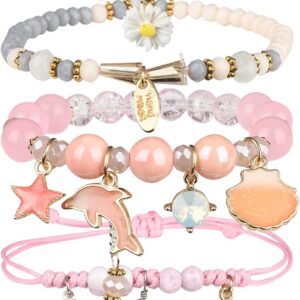 4 Pcs Beaded Cute Bracelets for Teen Girls Women, Dainty Cute Cartoon Crystal Beads Pearl Stretch Charm Handmade Adjustable Anklets Bracelet Set Birthday Gift for Friends