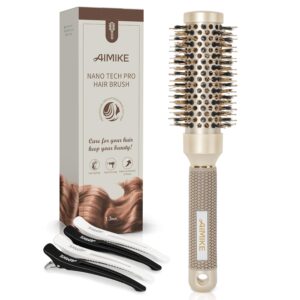 AIMIKE Round Brush, 1.3 Inch Barrel, Nano Thermal Ceramic & Ionic Tech, Boar Bristles, for Blow Drying, Styling, Curling and Shine, Gold + 4 Clips