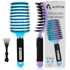 Boar Bristle Hair Brush 2 Pack, HIPPIH Wet & Dry No Pull Curved Vented Hair Brush, Styling Voremy Magical Brush Detangler for Kids & Men, Hairbrush for Women Can Adds Shine & Smooth Curly Thick Hair