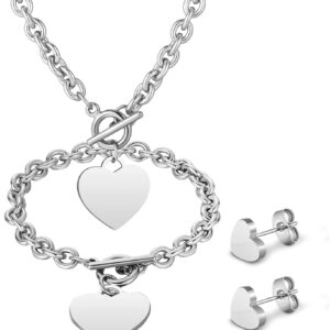 Bucherry 3 Pcs Heart Jewelry Set Heart Pendant Chain Toggle Necklace With Bracelet Earrings Stainless Steel Link Chain For Women Christmas Valentine’s Day Gift