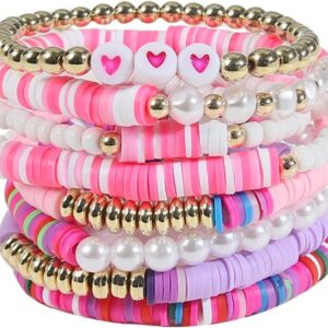 COLORFUL BLING 5-12Pcs Bohemian Love Heart Bead Bracelets for Women Vinyl Disc Heishi Surfer Stackable Stretch Bracelet Summer Beach Boho Jewelry