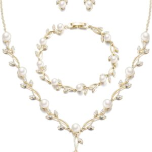 EVER FAITH Bridal Cubic Zirconia Jewelry Sets for Women, White Simulated Pearl Leaf Vine Pendant Wedding Party Necklace Earrings Set for Bridesmaid Bride