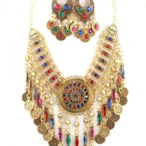 Gold African Jewelry Sets for Women,Boho Tribal Retro Statement Choker Necklace and Dainty Dangle Earring Set,Multicolor Ethnic Style Chunky Bib Collar Costume Jewelry Accessories for Women