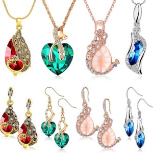 MTLEE 4 Set Valentine’s Day Gifts Peacock Jewelry for Women Crystal Necklace Earrings Rhinestone Waterdrop Pendant Heart Charm Hook Earrings Indian Jewelry Set for Lover Women Ladies Birthday Gifts