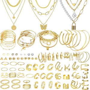 NEWITIN 93 Pieces Gold Jewelry Set for Women Fashion Costume Jewelry Gold Plated Necklace Bracelet Ring Gold Earrings Set for Women