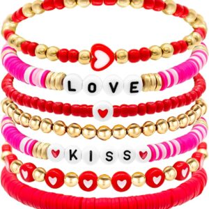 Ronglry 7pcs Valentine’s day Bracelet for Women Clay Bead Bracelet Heishi Surfer Bracelets Set Love Heart Valentine’s day beaded Bracelets Bulk Cute Pink Red Stackable Stretch Bracelets for Valentines Day Accessories Jewelry Gifts