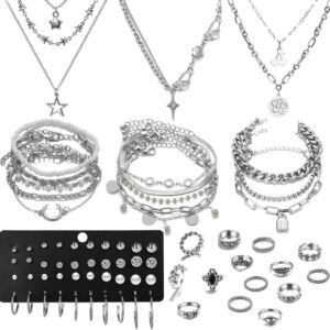 37pcs Silver Jewelry Set With 3 PCS Necklace, 14 PCS Bracelet, 7 PCS Ear Cuffs Earring, 6pcs Hoop Earrings,7pcs silver rings set For Women For Birthday Gifts