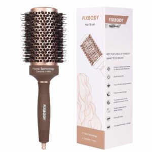 FIXBODY Hair Brush, Round Brush for Blow Drying, Curling, Styling, Nano Thermal Ceramic & Ionic Tech, Boar Bristle, 3.3 inch, 2 inch Barrel, for Women, Volume & Shine, Brown, Hair Brush for Thick Hair