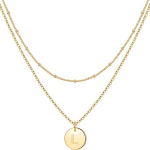 IEFWELL Easter Girl Kids Gifts – Initial Necklaces for Women Girls, Gold Silver Rose Gold Double Side Engraved Hammered Coin Necklaces, Layered Necklace Jewelry Pendant for Teen Girls