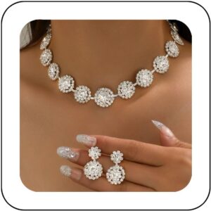 Unicra Bridal Wedding Jewelry Set Silver Rhinestone Necklace Earrings Sets Formal Costume Jewelry for Women and Brides