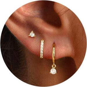 3 Pairs Gold Hoop Earrings Set: Dainty Stud Earrings Trendy Small 14K Gold Plated Hypoallergenic Dangle Cartilage Huggie Hoop Earrings for Women Gold Jewelry for Women Gifts