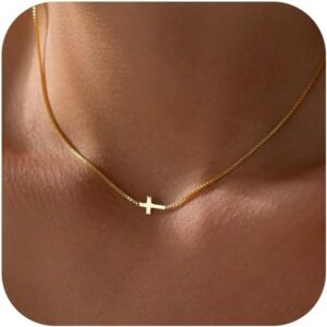 Cross Necklace for Women 14K Real Gold Silver Plated Dainty Small Cross Pendant Choker Simple Trendy Cute Cross Charm Chain Necklace Easter Basket Stuffers Baptism Religious Faith Jewelry Gift