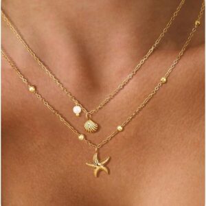 Shell Necklace for Women,14k Gold Plated Layered Starfish Conch SeaShell Pearl Pendant Charm Necklace,Non Tarnish Adjustable Stainless Steel Chain Stack Jewelry for Summer Beach Vacation