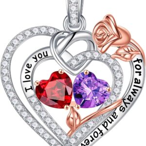 Iefil Rose Heart Necklace Gifts for Wife Women – 925 Sterling Silver Double Birthstone Necklace, Anniversary Birthday Gifts for Women, Jewelry Gift for Wife Girlfriend Mom Her