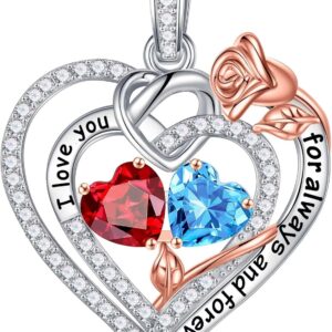 Iefil Rose Heart Necklace Gifts for Wife Women – 925 Sterling Silver Double Birthstone Necklace, Anniversary Birthday Gifts for Women, Jewelry Gift for Wife Girlfriend Mom Her