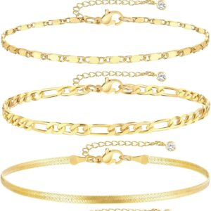 iF YOU Gold Ankle Bracelets for Women, 14k Gold Plated Waterproof Cuban Link Chain Anklets Set, Layered Anklet Bracelets for Women Beach Gift Adjustable Size 5pc