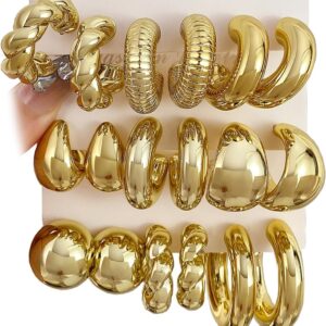 IFKM 24 Pairs Gold Hoop Earrings Set for Women Hypoallergenic Chunky Chain Twisted Open Hoops Dangle Earring Packs for Birthday Party Christmas Fashion Jewelry Gift