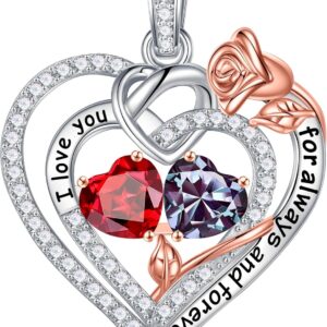 Iefil Rose Heart Necklace Gifts for Wife Women – 925 Sterling Silver Double Birthstone Necklace, Anniversary Birthday Gifts for Women, Jewelry Gift for Wife Girlfriend Mom Her