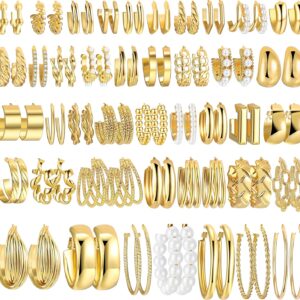 42 Pairs Gold Hoop Earrings Set for Women, Fashion Chunky Pearl Earrings Multipack Twisted Statement Earring Pack, Hypoallergenic Small Big Hoops Earrings for Birthday Party